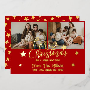 Merry Christmas Brush Script 3 Photos Red Foil Holiday Card