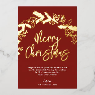 Merry Christmas Brush Script Berry Leaves Red Foil Holiday Card