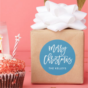 Merry Christmas Brush Script Blue Personalized Classic Round Sticker