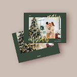 Merry Christmas Brush Script Photo Green Foil Holiday Card<br><div class="desc">Christmas card features modern brush script calligraphy.</div>