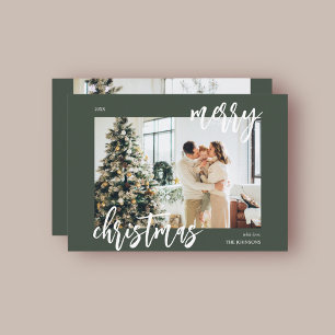 Merry Christmas Brush Script Photo Green Holiday Card