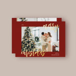 Merry Christmas Brush Script Photo Red Foil Holiday Card<br><div class="desc">Christmas card features modern brush script calligraphy.</div>
