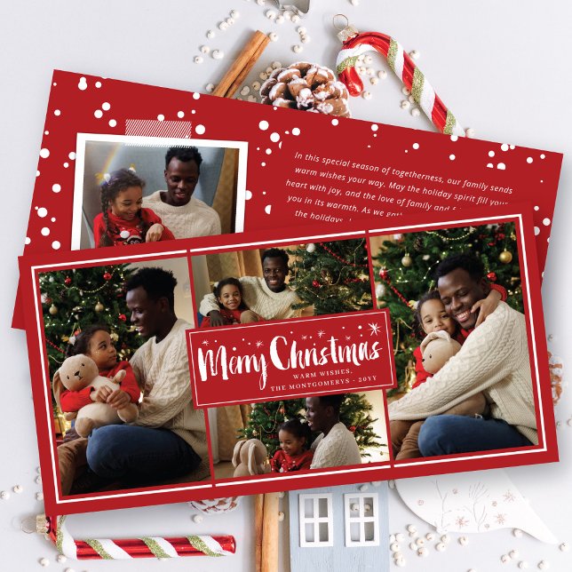 Merry Christmas Brush Script Stars 4 Photo Collage Holiday Card (Creator Uploaded)