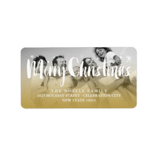 Merry Christmas Brush Script Stars Photo Address Label