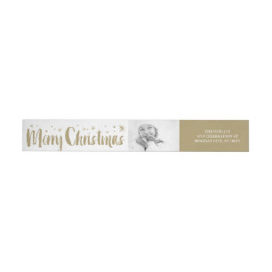 Merry Christmas Brush Script Stars Photo Address Wrap Around Label