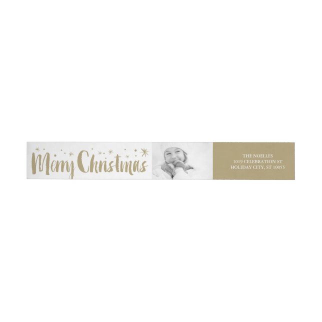 Merry Christmas Brush Script Stars Photo Address Wrap Around Label (Individual)