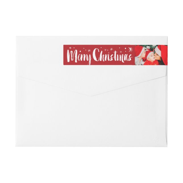 Merry Christmas Brush Script Stars Photo Address Wrap Around Label (Back)