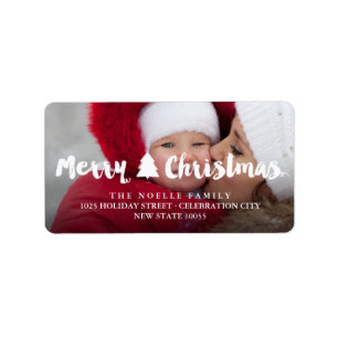 Merry Christmas Brush Script Tree Photo Address Label