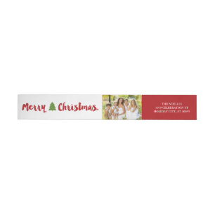 Merry Christmas Brush Script Tree Photo Address Wrap Around Label