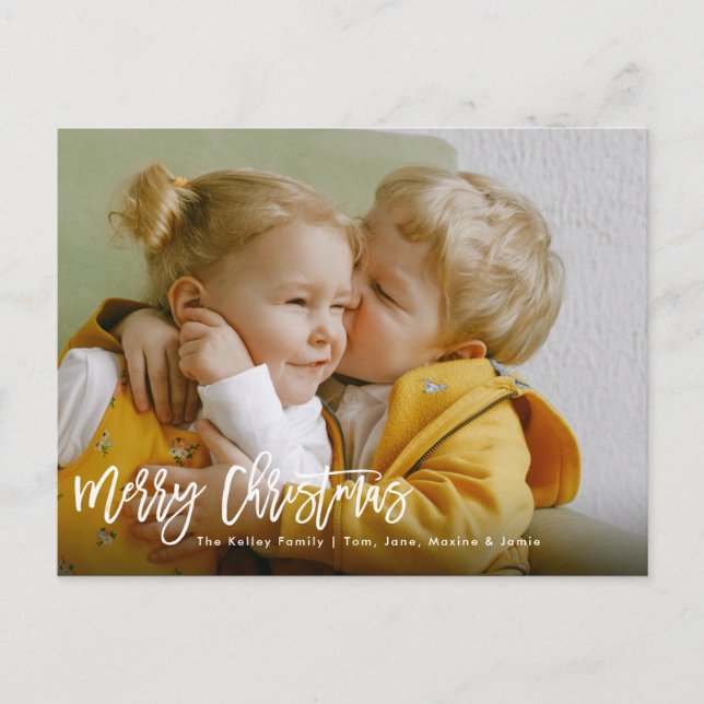 Merry Christmas Brush Script White Holiday Photo Postcard (Front)