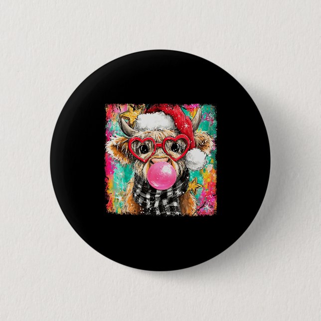 Merry Christmas Bubble Gum Xmas Highland Cow Heife 2 Inch Round Button (Front)
