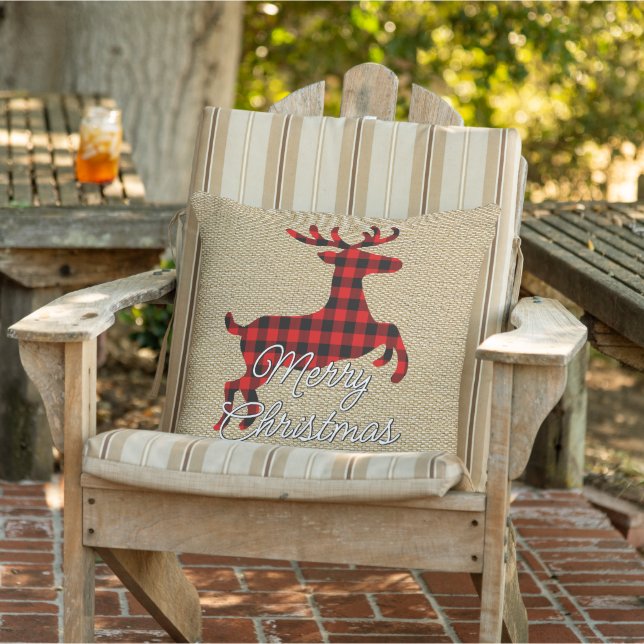 Merry Christmas Buck on Red Black Buffalo Check Outdoor Pillow (Chair)
