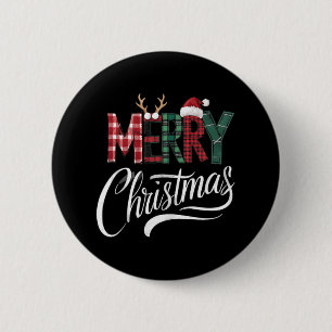Merry Christmas Buffalo Black And White Plaid For 2 Inch Round Button