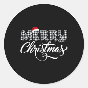 Merry Christmas Buffalo Black And White Plaid For  Classic Round Sticker