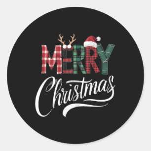 Merry Christmas Buffalo Black And White Plaid For  Classic Round Sticker
