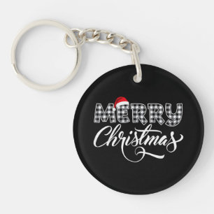 Merry Christmas Buffalo Black and White Plaid for Keychain