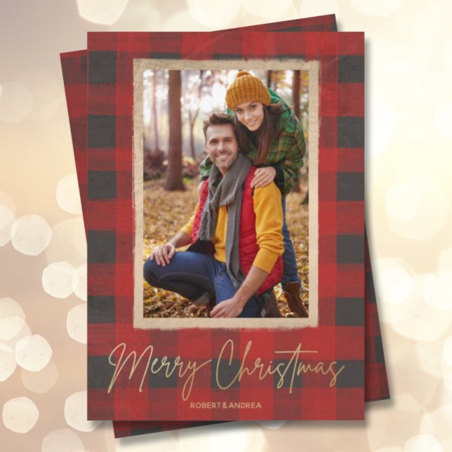 Merry Christmas Buffalo Check Photo Holiday Card (Creator Uploaded)