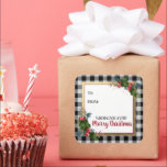 Merry Christmas Buffalo Check Watercolor Holly Square Sticker<br><div class="desc">The perfect little peel and stick addition to your Christmas gift wrapping.  Choose from either matte or glossy,  and two different sizes.</div>