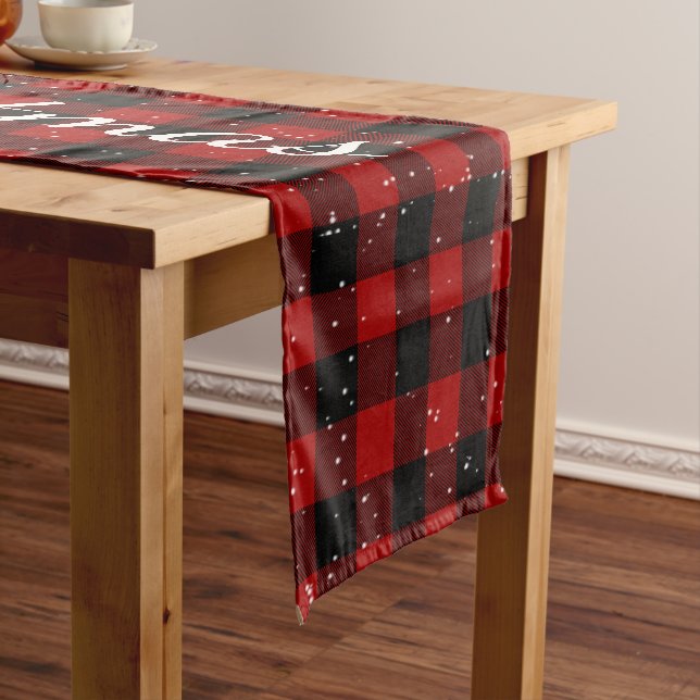 Merry Christmas Buffalo Plaid Black and Red Short Table Runner (In Situ)