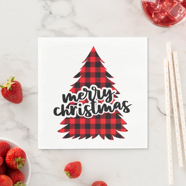 Merry Christmas Buffalo Plaid Christmas Tree Napkin (Insitu)