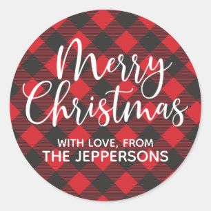 Merry Christmas Buffalo Plaid Classic Round Sticker