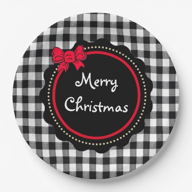 Merry Christmas Buffalo Plaid Country Style Paper Plate (Front)