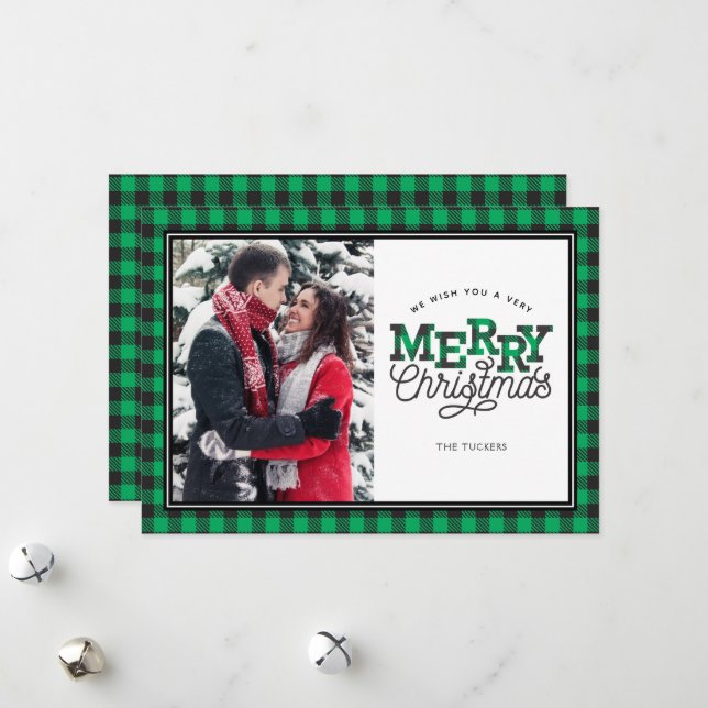 MERRY Christmas Buffalo Plaid Green Carte photo (Devant/Arrière en situation)