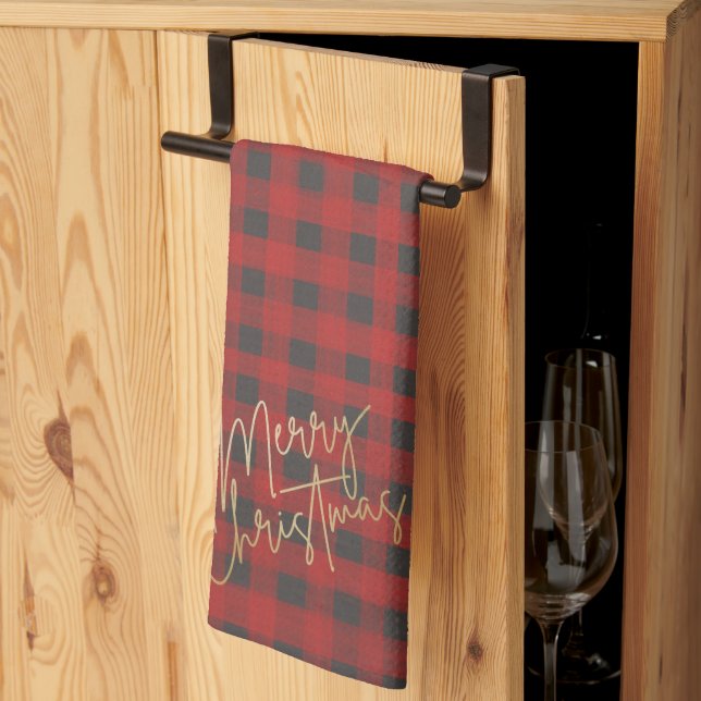 Merry Christmas Buffalo Plaid Holiday Kitchen Towel (Thirds Fold)