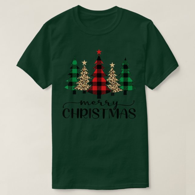 Merry Christmas Buffalo Plaid & Leopard Trees  T-Shirt (Design Front)