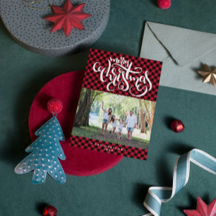 Merry Christmas Buffalo Plaid Photo Collage Holiday Card