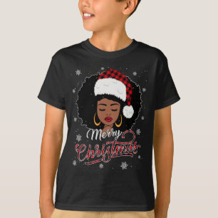 Merry Christmas Buffalo Plaid Queen Santa Afro Ame T-Shirt