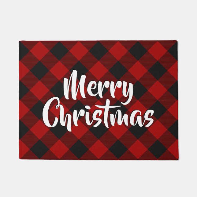 Merry Christmas Buffalo Plaid Red Doormat (Front)
