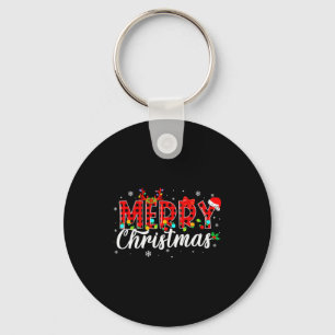 Merry Christmas Buffalo Plaid Red Santa Family Mat Keychain