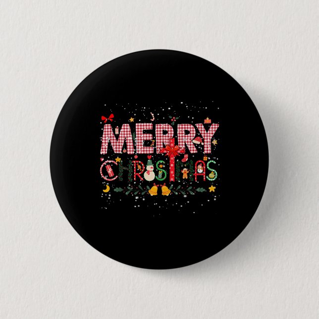 Merry Christmas Buffalo Plaid Red Santa Family Xma 2 Inch Round Button (Front)