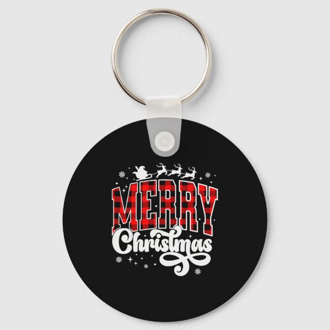 Merry Christmas Buffalo Plaid Red Santa Family Xma Keychain (Front)