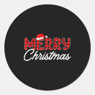 Merry Christmas Buffalo Plaid Red Santa Hat  Classic Round Sticker