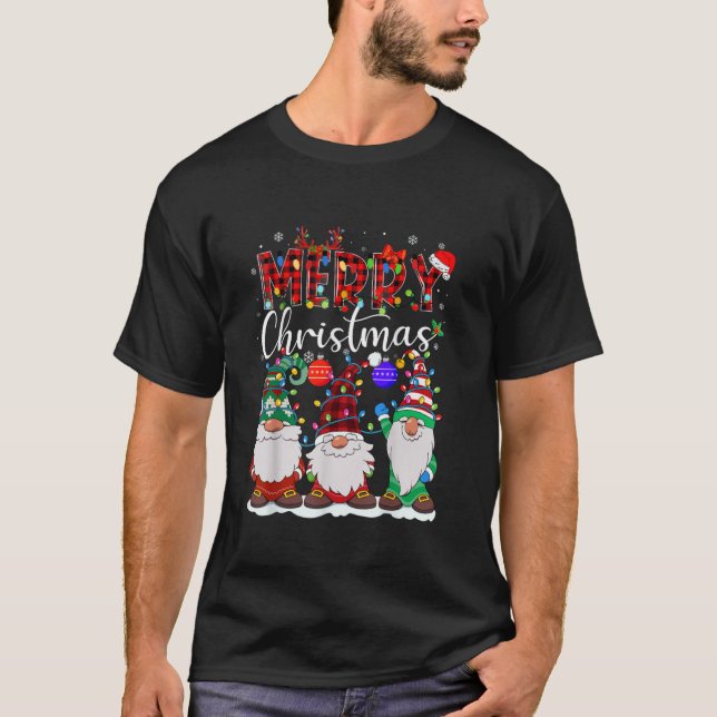 Merry Christmas Buffalo Plaid Red Santa Hat Gnomes T-Shirt (Front)