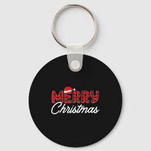 Merry Christmas Buffalo Plaid Red Santa Hat  Keychain
