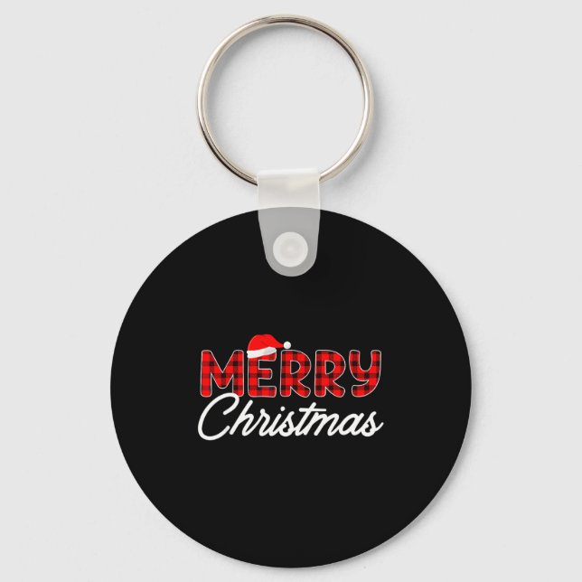 Merry Christmas Buffalo Plaid Red Santa Hat  Keychain (Front)
