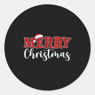 Merry Christmas Buffalo Plaid Red Santa Hat Xmas P Classic Round Sticker