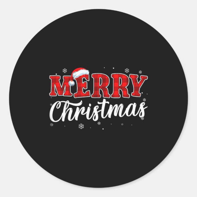 Merry Christmas Buffalo Plaid Red Santa Hat Xmas P Classic Round Sticker (Front)