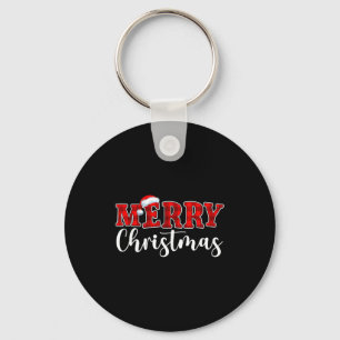 Merry Christmas Buffalo Plaid Red Santa Hat Xmas P Keychain