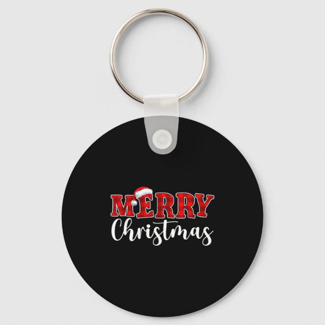 Merry Christmas Buffalo Plaid Red Santa Hat Xmas P Keychain (Front)