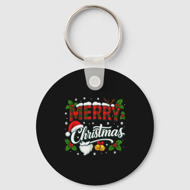 Merry Christmas Buffalo Plaid Red Santa Hat Xmas P Keychain (Front)
