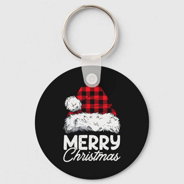Merry Christmas Buffalo Plaid Red Santa Hat Xmas P Keychain (Front)