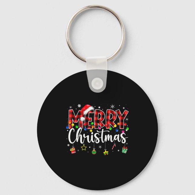 Merry Christmas Buffalo Plaid Red Santa Hat Xmas P Keychain (Front)