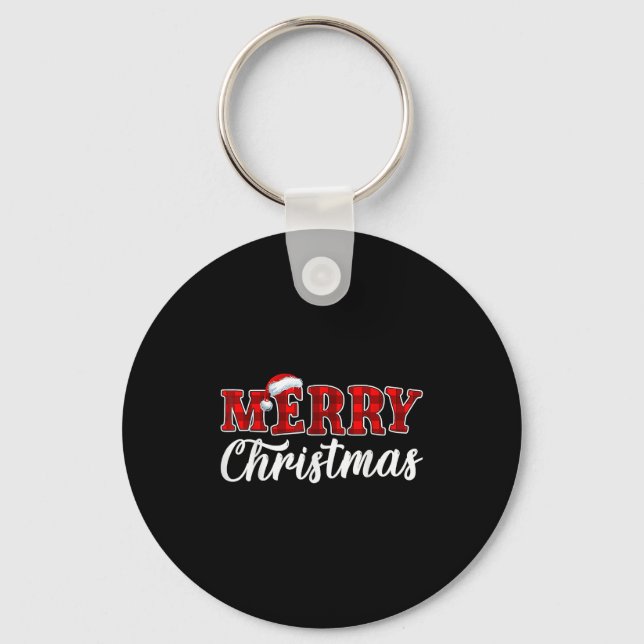 Merry Christmas Buffalo Plaid Red Santa Hat Xmas P Keychain (Front)