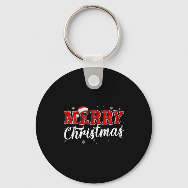 Merry Christmas Buffalo Plaid Red Santa Hat Xmas P Keychain (Front)