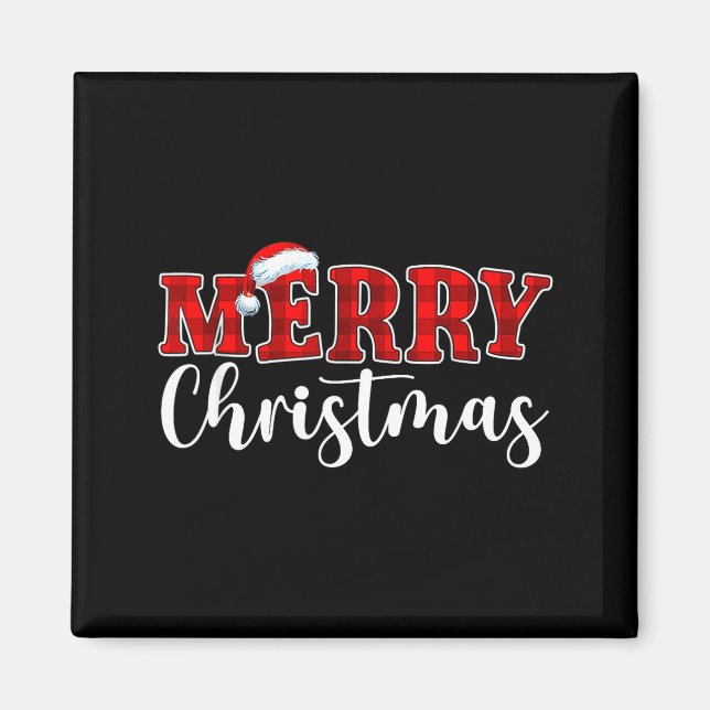 Merry Christmas Buffalo Plaid Red Santa Hat Xmas P Magnet (Front)