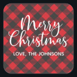 Merry Christmas Buffalo Plaid Red Square Sticker<br><div class="desc">A lovely red and black buffalo plaid Christmas sticker for your Holiday cards,  treats and gifts. Personalize it with your name.Designed for you by Blackberry Boulevard.</div>